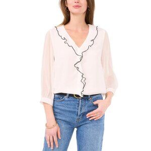 Vince Camuto Womens Ruffled Piping 3/4-Sleeve Relaxed Blouse in White Size M